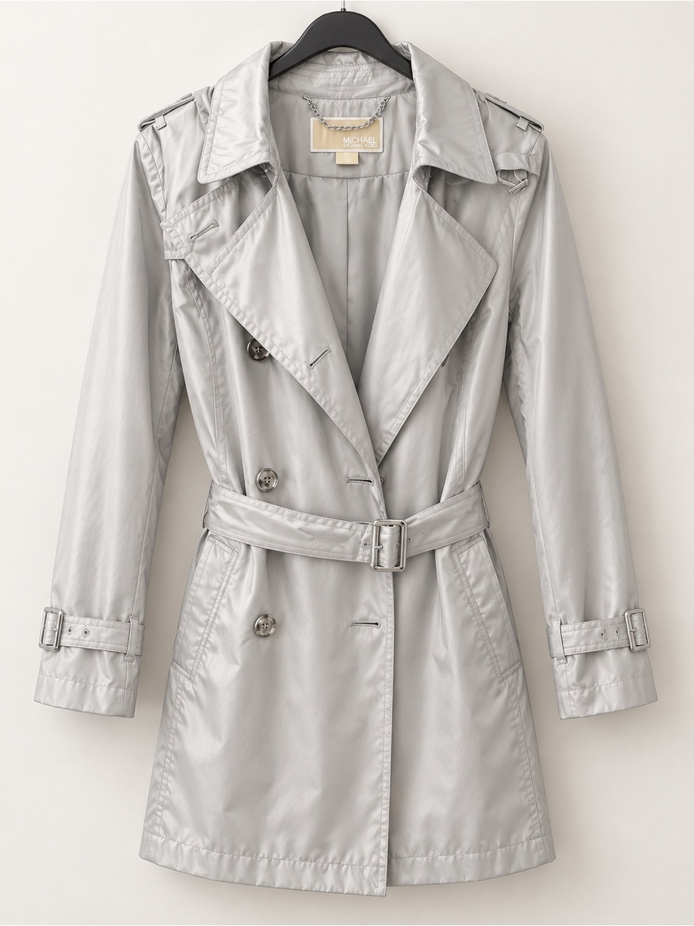 Michael Kors Silver Light-Gray Trench Coat with Belt